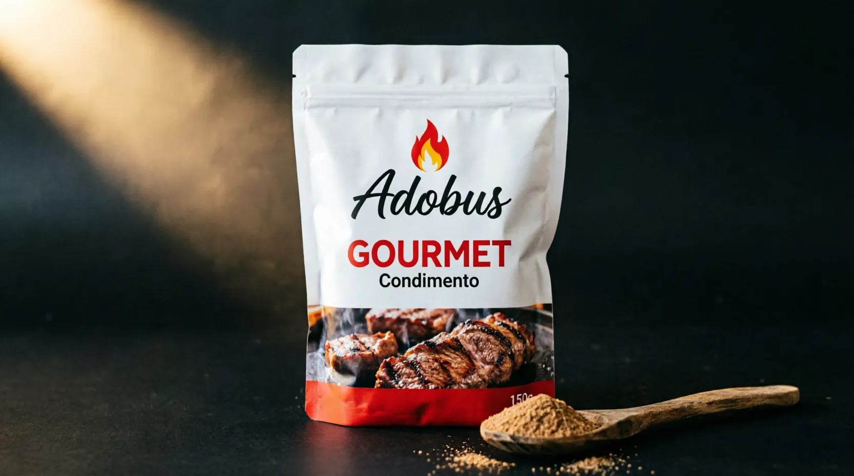 Bolsa de Adobus GOURMET Condimento de 150 g junto a una cuchara de madera con la mezcla