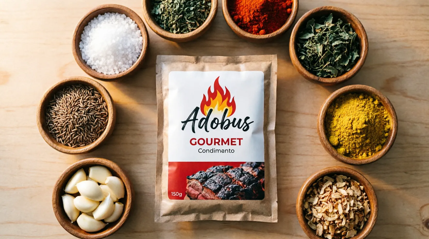 Bolsa de Adobus de 150 g sobre una mesa de madera, rodeada de cuencos con sal, orégano, pimentón, comino, ajo, curry y cebolla