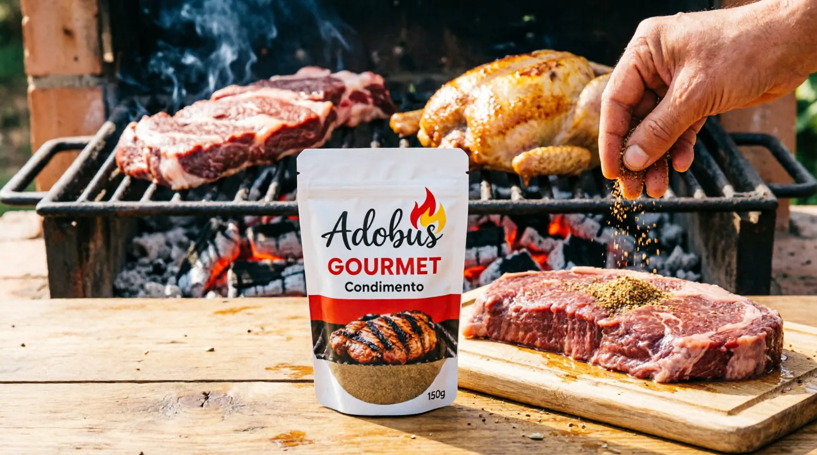 Parrilla con un asado y un pollo dorados; adelante, una bolsa de Adobus y una mano que condimenta un bife crudo sobre una tabla