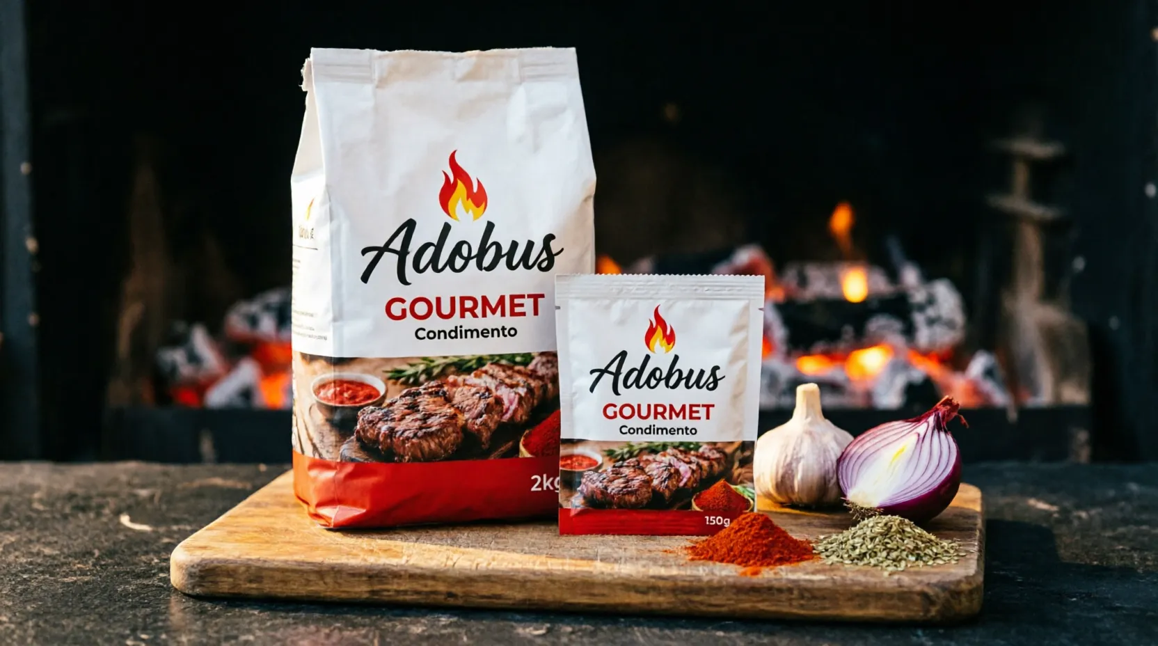 Bolsas de Adobus GOURMET Condimento de 2 kg y de 150 g sobre una tabla, con pimentón, orégano, ajo y cebolla; atrás, el fuego de la parrilla